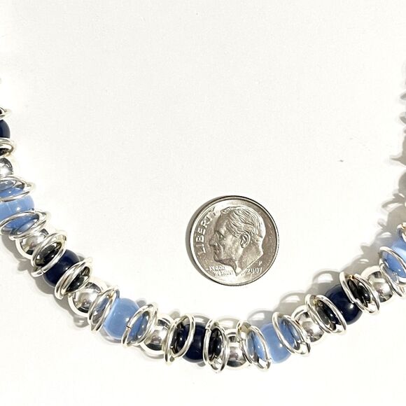 Blue Cats Eye Glass Beaded Necklace Earring Set Silver Tone Rings Demi Parure - Picture 3 of 5